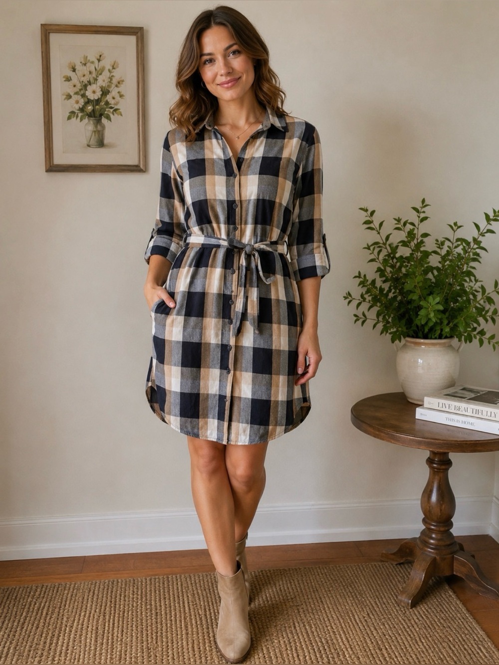 Plaid Button-Up Shirt Dress